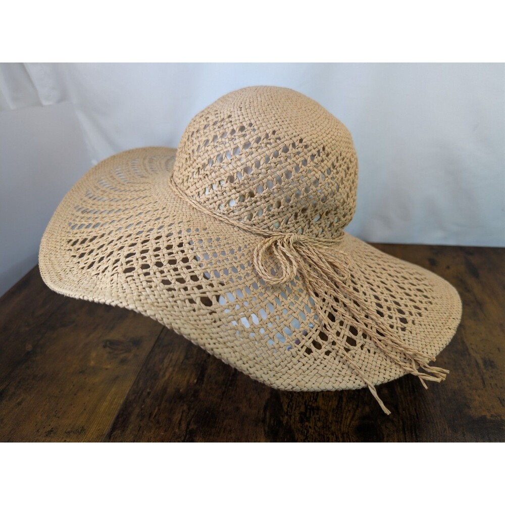 Marcus Adler Wide Brim Straw Sun Hat Open Weave Floppy Beach Boho Bow Tan OS EUC